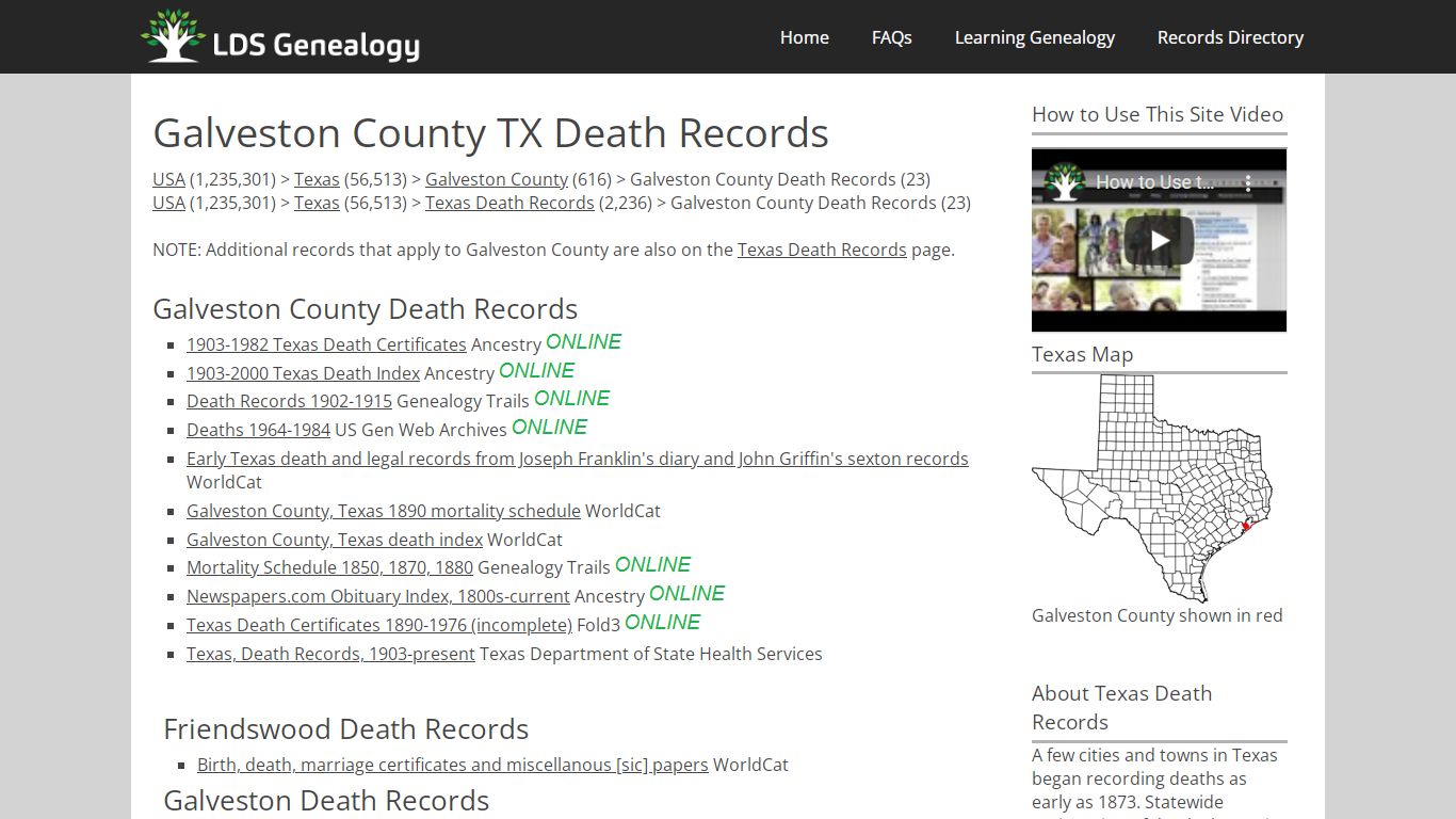 Galveston County TX Death Records - LDS Genealogy