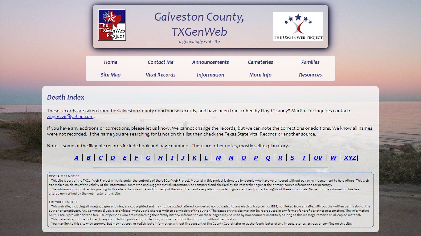 Death Index, Galveston County, TXGenWeb